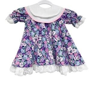 Vintage Little Princess Girls Size 12M Bib Collar Floral Frilly Dress
